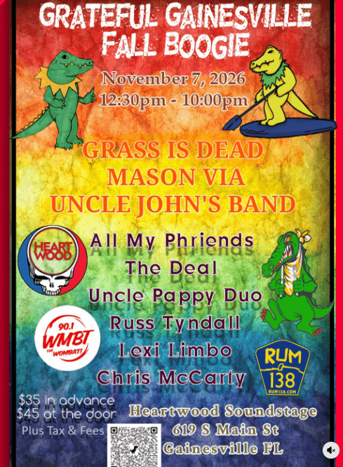 Poster: Grateful Gainesville Fall Boogie at Heartwood Soundstage, Saturday, November 7, 2026